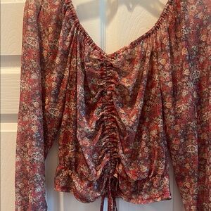 Willow Root Red Flutter Sleeve Ruched Blouse